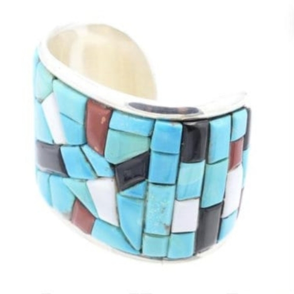 Michael Spencer Navajo Sterling Silver Turquoise Mosaic Bracelet Cuff Coral - Picture 3 of 5